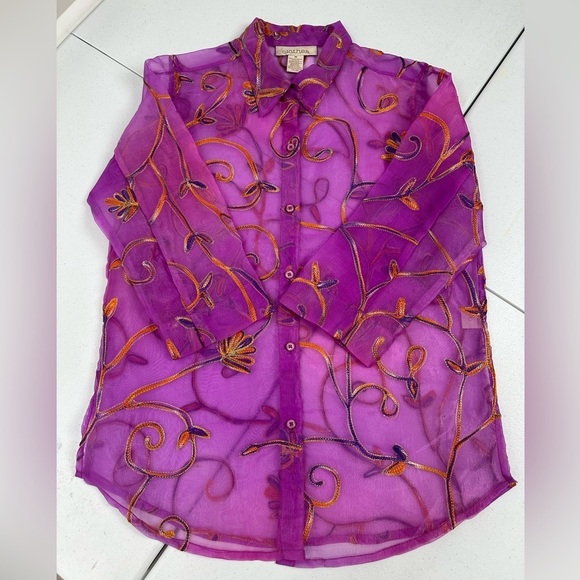 c.l.o.t.h.e.s. Sheer Floral Embroidered Button Front Collared Blouse Purple - Picture 9 of 13